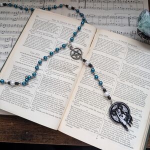 Beaded Blue Rosary Necklace with Pentacle and Hornded Goddess Charm